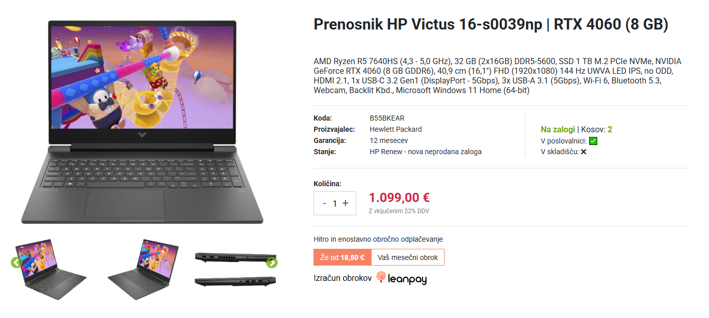 prenosni računalnik za igralce hp victus prenosnik z integriranim linkom do izdelka